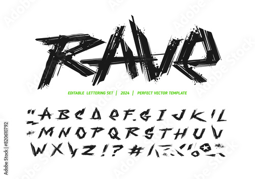 Rave - street art graffiti font type alphabet in Grunge style vector collection. Set of Rock'n'roll doodle collection of street art grunge elements: heart, crown, etc. Punk Rock music type font