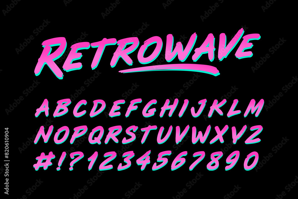 Perfect Retrowave 80s style font type of pink vector  alphabet with numbers. Rock font. Neon Retro futuristic vintage font type. Set for print tee and music poster and cover design 80s -90s