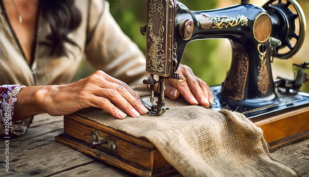 Extreme close-up of two hands of a seamstress who expertly sews a linen fabric with her old-fashioned sewing machine. Manual work in retro style, concept. Generative Ai.