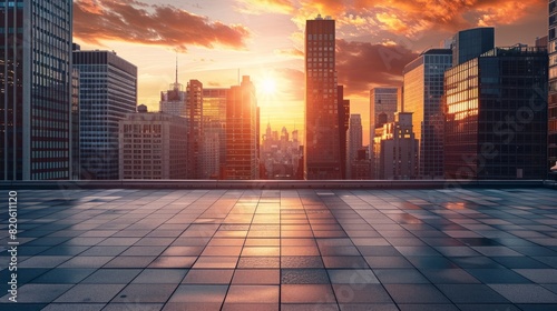 Dramatic Skyline Sunset: Photograph the empty roof space at sunset, with the warm glow of the setting sun illuminating the surrounding skyscrapers. Generative AI
