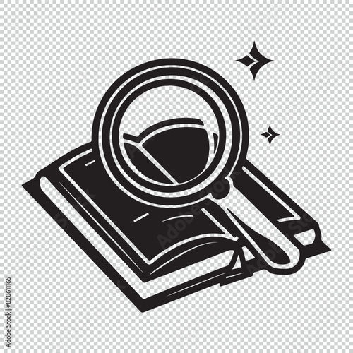 Book with magnifying glass logo icon design, black vector illustration on transparent background