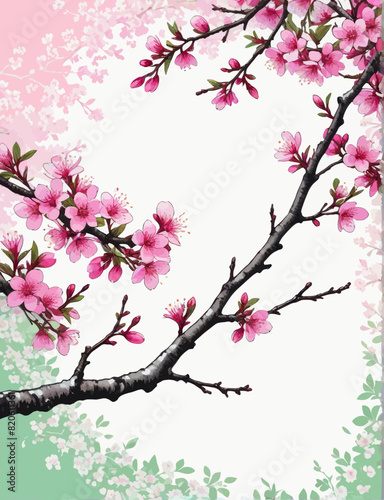 a painting of a branch with pink flowers