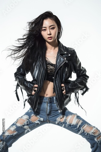 Musician's Performance Attire: Full face no crop of a Pretty Young Korean Super Model in Edgy Leather Jacket and Distressed Jeans, radiating rockstar coolness with a playful expression © Aditya