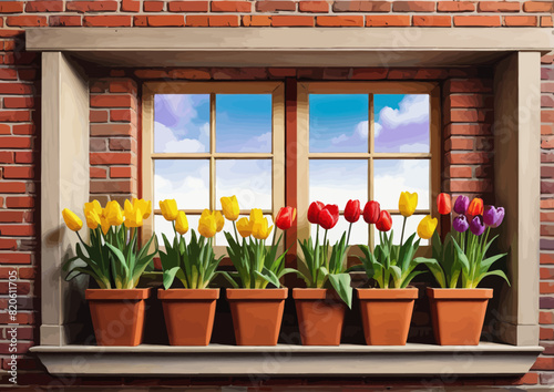 a window with a bunch of flowers in it