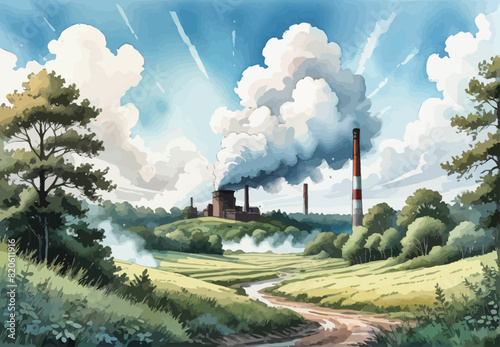 a painting of a factory with smoke coming out of it