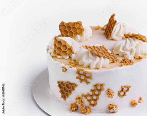 Vászonkép Elegant honeycomb cake on white background