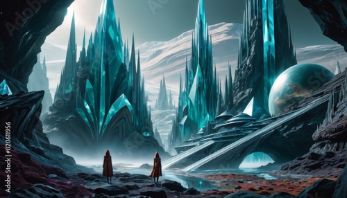 Two figures traverse an alien terrain with towering blue crystals under a distant planet's glow.. AI Generation