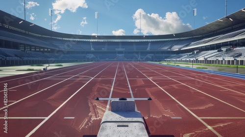 front view of an athletics stadium with a racetrack and starting blocks. Generative AI