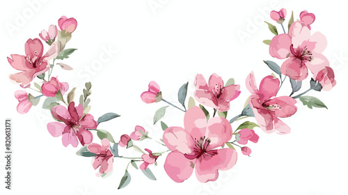 Pink Flowers Watercolor Semi Wreath Isolated on White