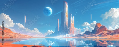 A futuristic utopia where gleaming towers rise from crystal-clear waters  their reflective surfaces mirroring the azure sky above.   illustration.