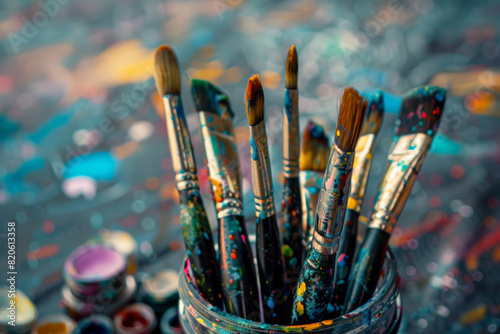 A group of paintbrushes are in a bowl of water