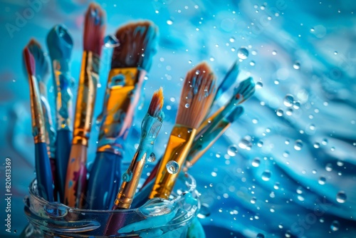 A group of paintbrushes are in a bowl of water