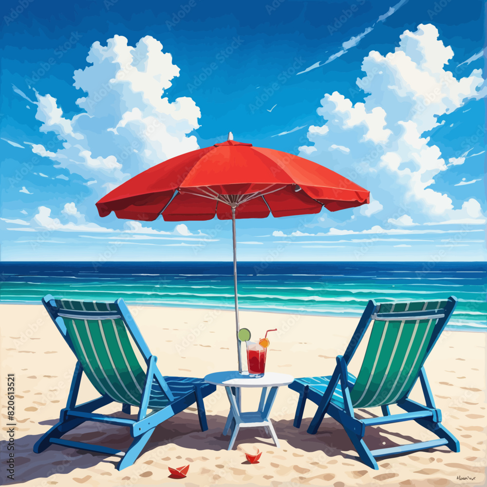 a painting of two chairs and an umbrella on a beach