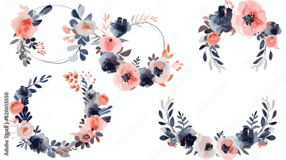 Pink Navy Watercolor Floral Wreaths Isolated on White