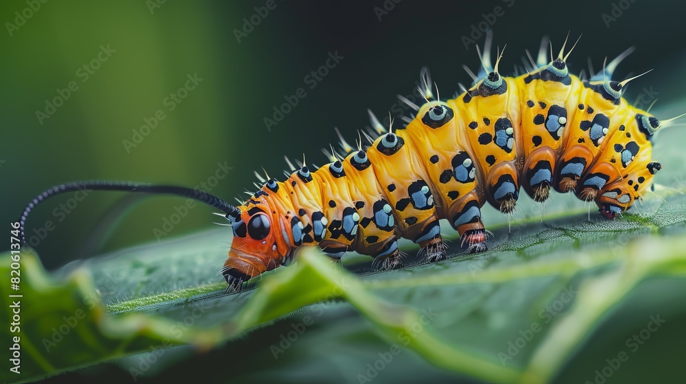 A vibrant caterpillar munching on a leaf, leaving a trail of tiny bites A vibrant caterpillar munching on a leaf, leaving a trail of tiny bites