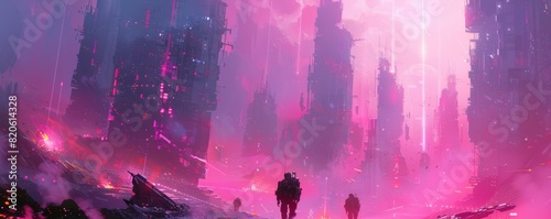 A cybernetic battleground where mechanized warriors clash amidst the ruins of a war-torn city, their metallic frames glinting in the harsh glare of neon lights.   illustration. photo