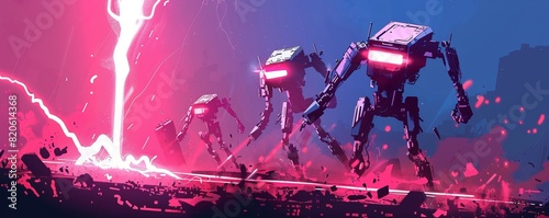 A cybernetic battleground where machines clash in a relentless struggle for dominance, their metallic forms locked in a deadly dance of destruction. illustration.