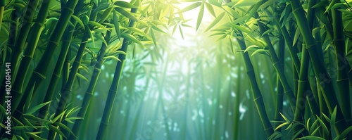 A tranquil bamboo forest with sunlight filtering through the dense canopy and casting dappled shadows.   illustration.