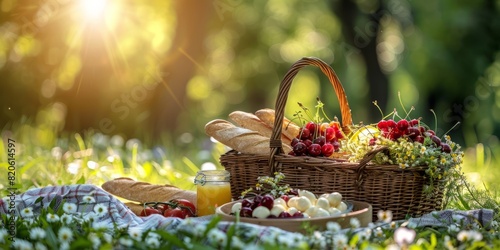 Zero waste picnic al fresco. Vintage picnic basket, hamper with baguette and lemonade outdoors on a grass with cheese, mozzarella, tomatoes, cherries, vine and flowers. illustration photo