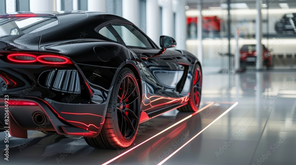 Luxury black car on display at modern showroom for sale and rent business at dealership