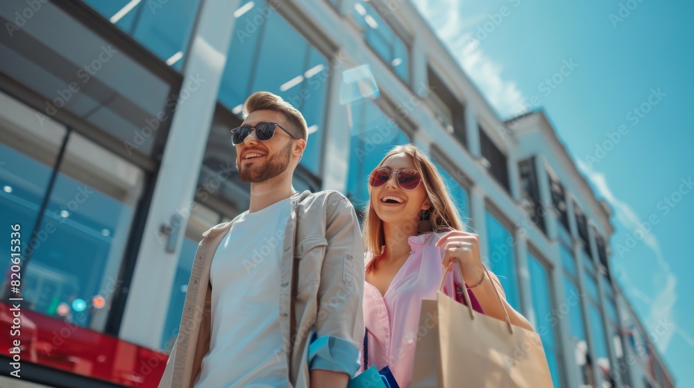 A young couple enjoys a shopping day in the city under the bright sun, embracing the urban vibe with modern buildings in trendy outfits, holding bags and smiling in a joyous togetherness
