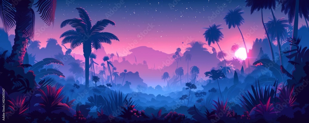 An alien jungle teeming with strange flora and fauna, where bioluminescent plants cast an eerie glow over the landscape. illustration. An alien jungle teeming with strange flora and fauna, where bioluminescent plants cast an eerie glow over the landscape. illustration.