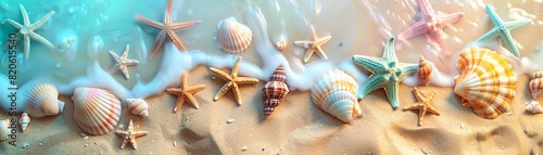 Beach toys and shells  pastel shades  sandy background  vintage