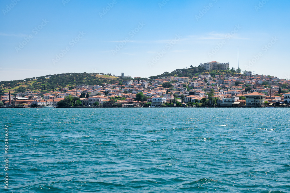Scenic or panoramic View of Ayvalık, Turkey coastline from the sea.