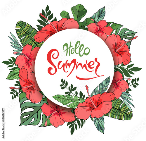 Handwritten, hello summer, lettering message. June welcome quote with color leaves . Modern lettering. Hello June design for cards, banners, posters.