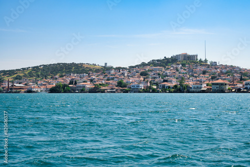 Scenic or panoramic View of Ayvalık, Turkey coastline from the sea.