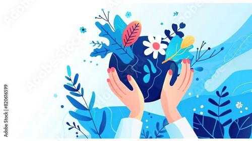 A digital illustration of a pair of hands holding the Earth