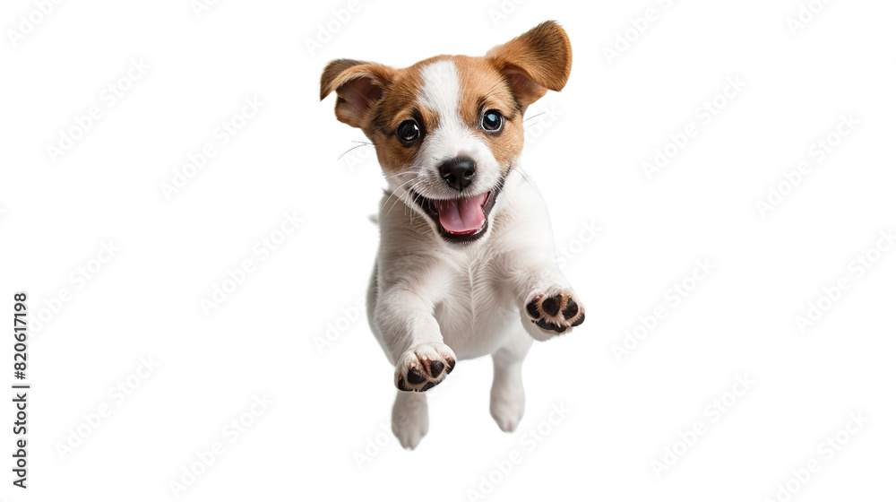 Playful puppy jumping up to greet its owner with excitement on a transparent background Playful puppy jumping up to greet its owner with excitement on a transparent background
