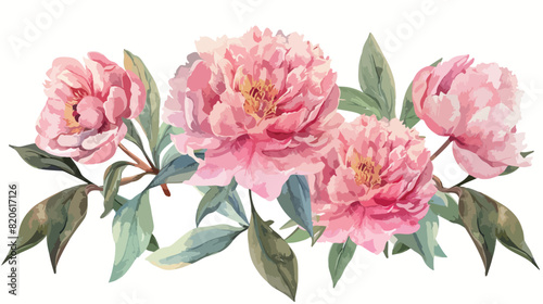 Pink peony watercolor landscape bouquet isolated on w