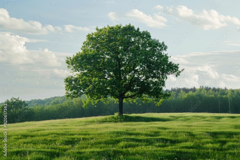 A single large tree with lush green foliage standing alone in a vast field under a clear blue sky A single large tree with lush green foliage standing alone in a vast field under a clear blue sky