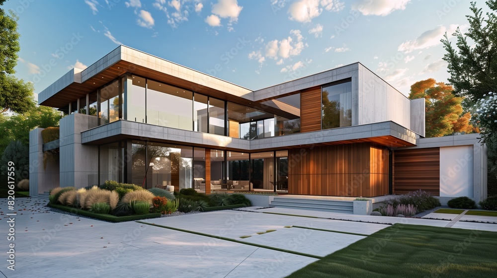 A striking contemporary residence with a mix of materials like concrete, wood, and glass, exuding elegance and sophistication against the backdrop of a serene suburban landscape. A striking contemporary residence with a mix of materials like concrete, wood, and glass, exuding elegance and sophistication against the backdrop of a serene suburban landscape.