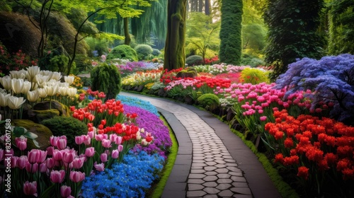 Colorful garden path with vibrant flowers © kardaska