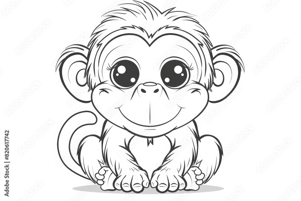 Obraz premium Black and white line drawing of a cute cartoon monkey in a seated position with a smiling face