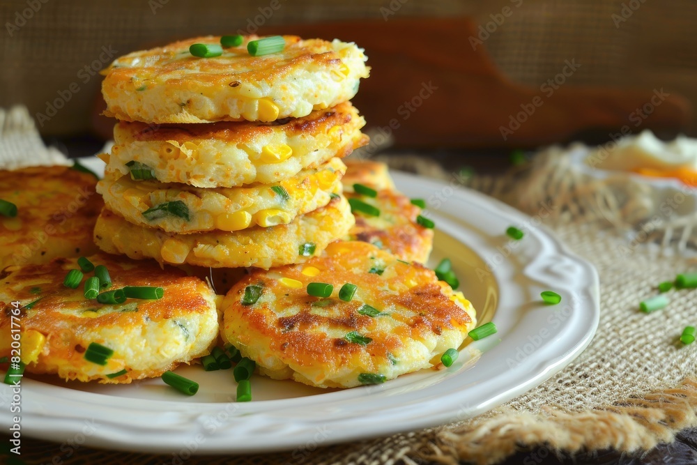 Corn fritters stacked on a plate Corn fritters stacked on a plate