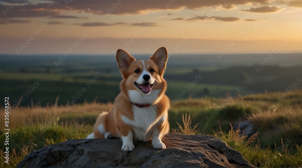 Corgi, a small carnivorous dog breed, sits atop rock in field under open sky.generative.ai 