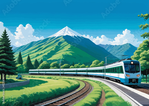 a painting of a train traveling through a lush green countryside