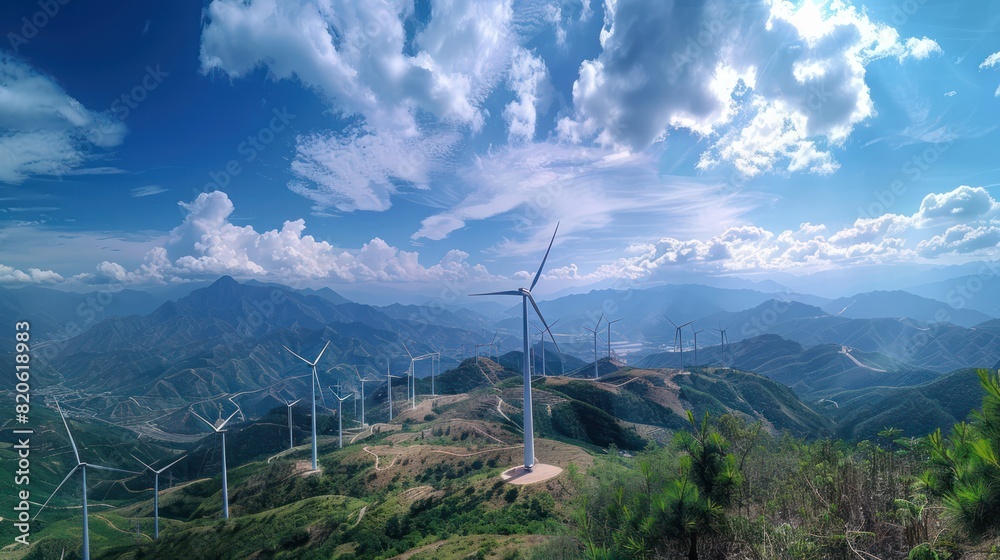 windmill on the mountain clear sky, white clouds windmill on the mountain clear sky, white clouds