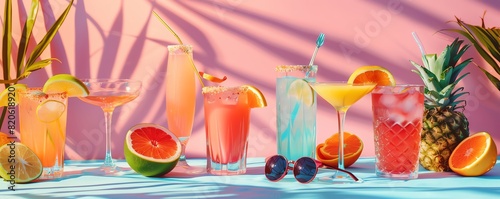 Tropical drinks and beach accessories, pastel tones, pop art