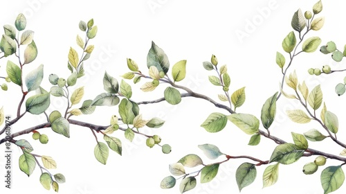 Seamless rim with watercolor tree alder on white background. Hand-drawn green bush with leaves and buds. Nature branch for invite card, wedding celebration and sticker. Border for wallpaper wrapping photo