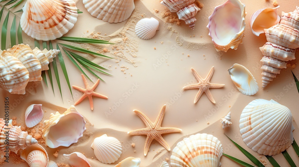 Tropical seashells and starfish, pastel tones, sandy background Tropical seashells and starfish, pastel tones, sandy background