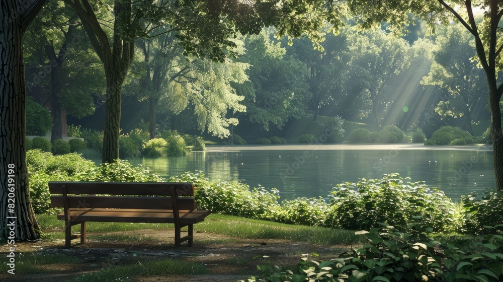 Obraz premium Serene park scene with bench overlooking calm lake surrounded by lush green trees bathed in warm sunlight