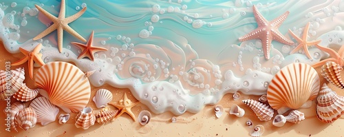 Tropical seashells and starfish, pastel tones, sandy background