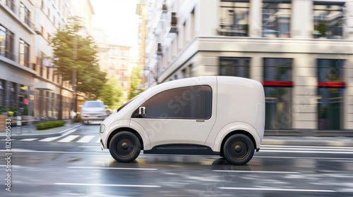 Side view of white modern electric delivery car on the street in city. Concept of eco-friendly transport and sustainable energy. © Johannes