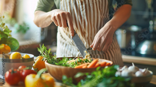 Woman preparing tasty hummus on table in kitchen closeup