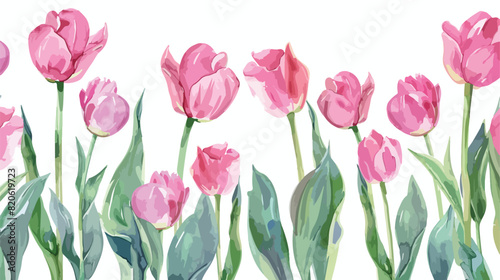 Pink tulips watercolor border frame isolated on white