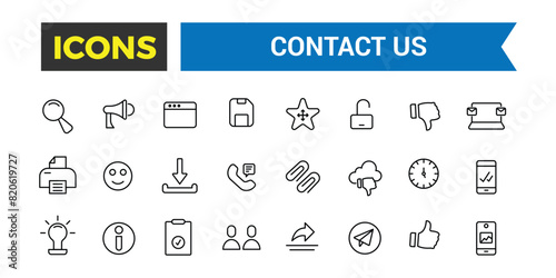 Contact us icon set. Outline icons pack. Icon collection. Editable vector icon and illustration.